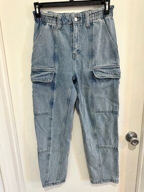 Light Blue Women's High Rise Cargo Denim Jeans with Utility Pockets